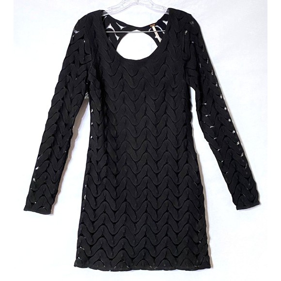 Free People Dress Womens Small Black Crochet Knit Chevron Pattern Bodycon Read - Picture 1 of 15